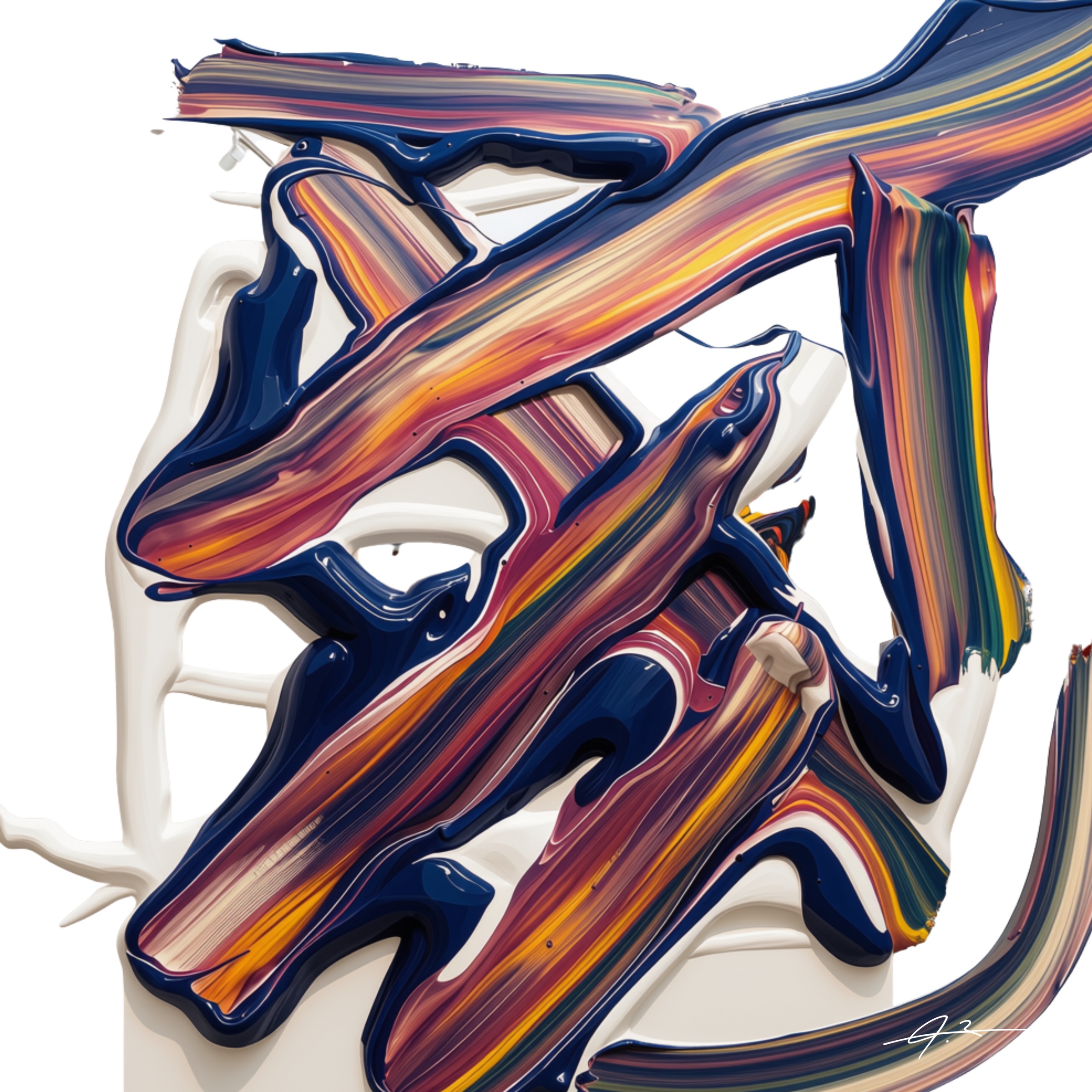 Signed sweeping navy, orange and multicolour abstract artwork by Julianna Enciu