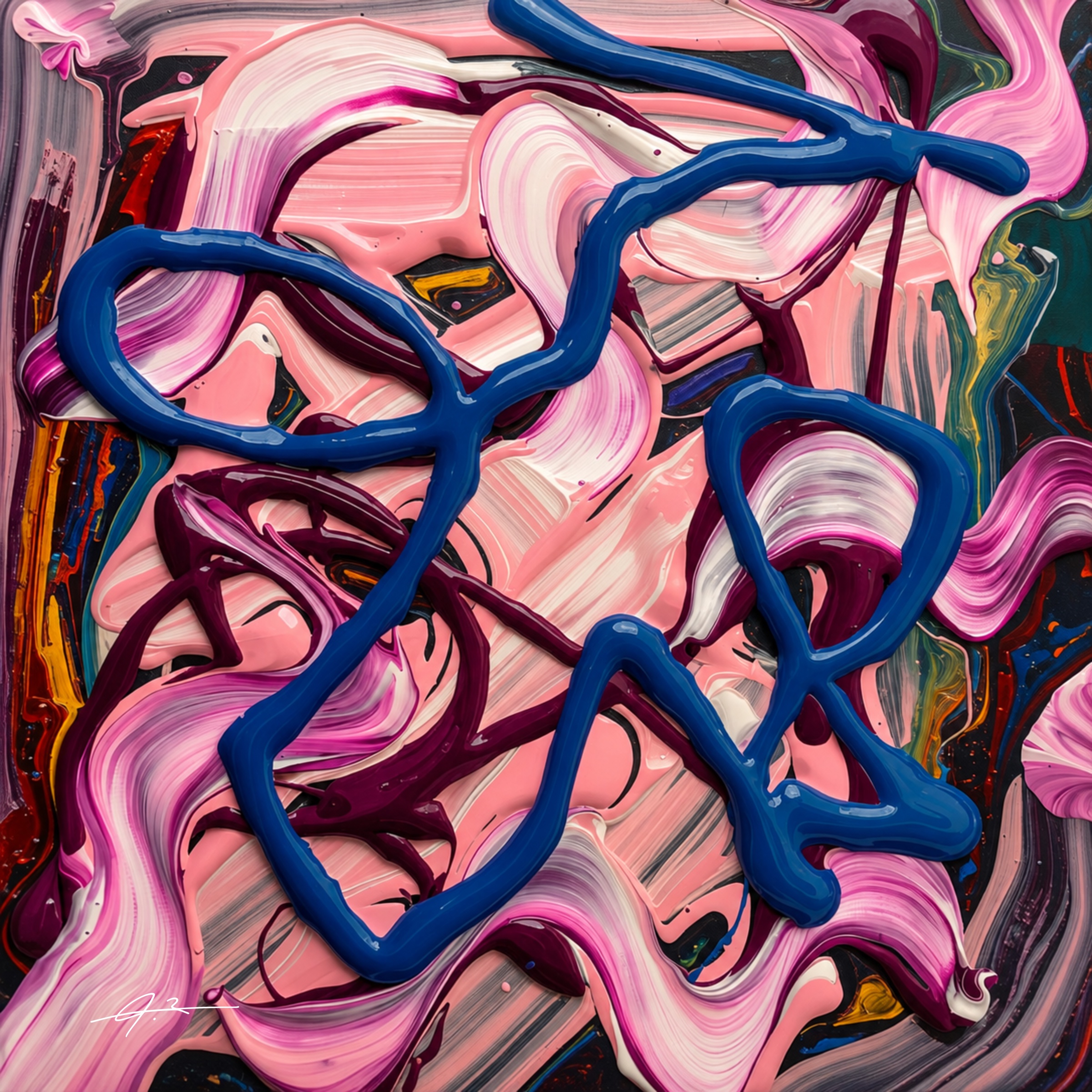 Signed pink, burgundy and cobalt abstract artwork by Julianna Enciu