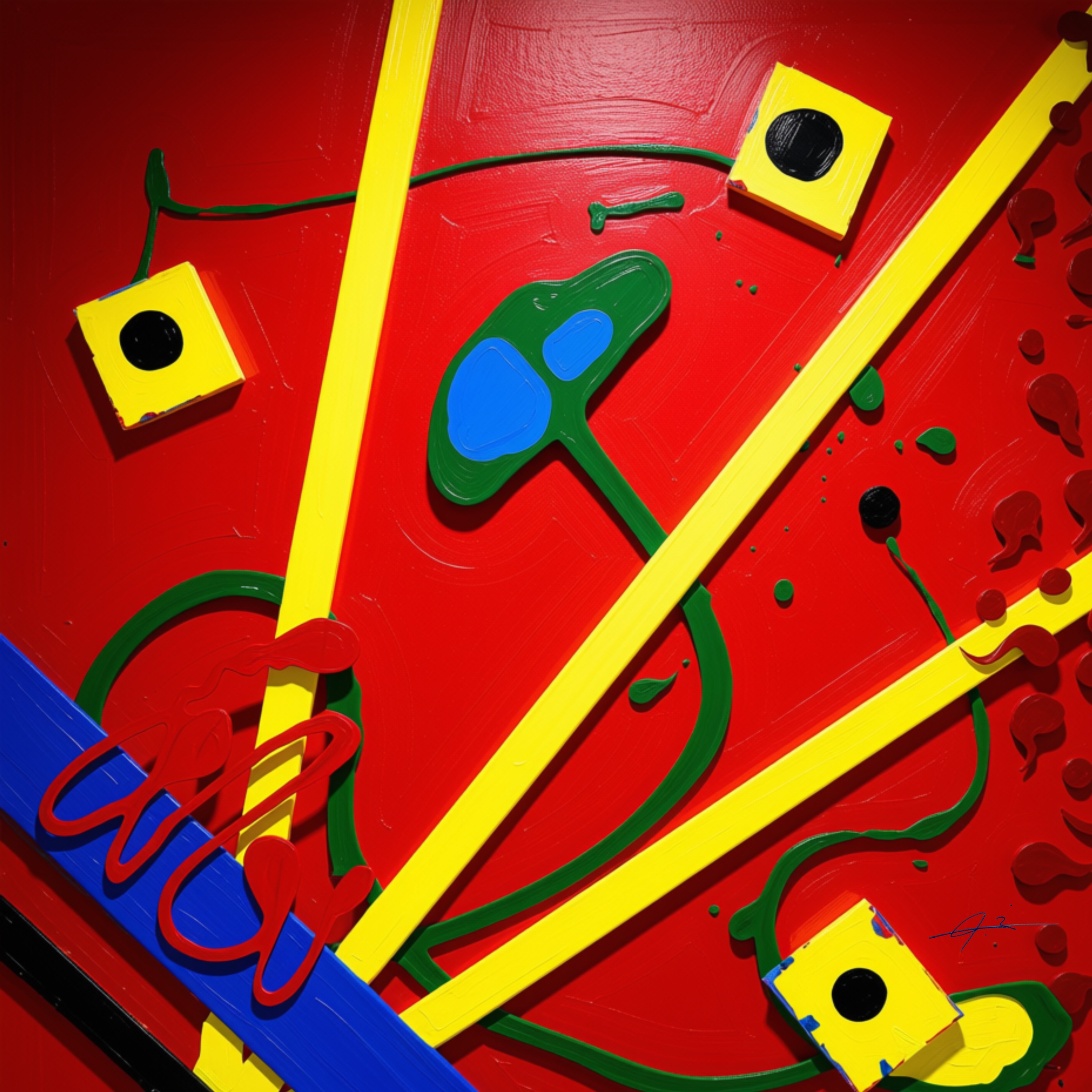 Signed red, yellow and blue graphic abstract artwork by Julianna Enciu
