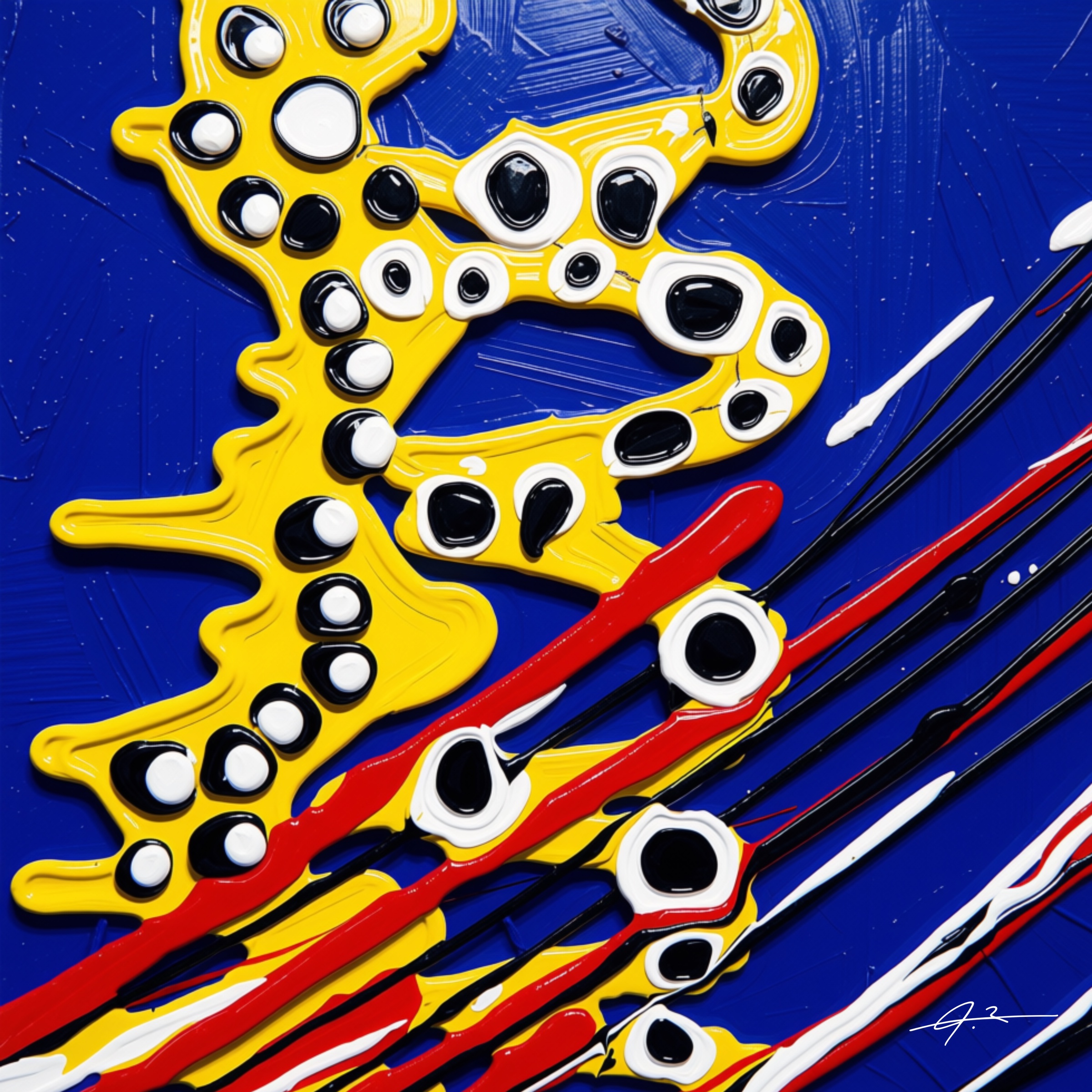 Signed royal blue, yellow and white graphic abstract artwork by Julianna Enciu