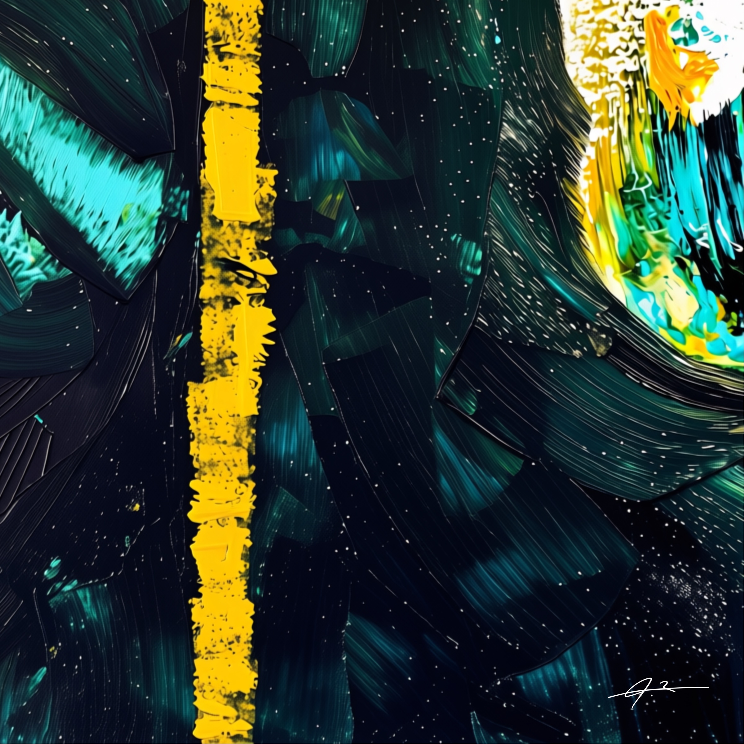 Signed deep teal, black and yellow abstract artwork by Julianna Enciu