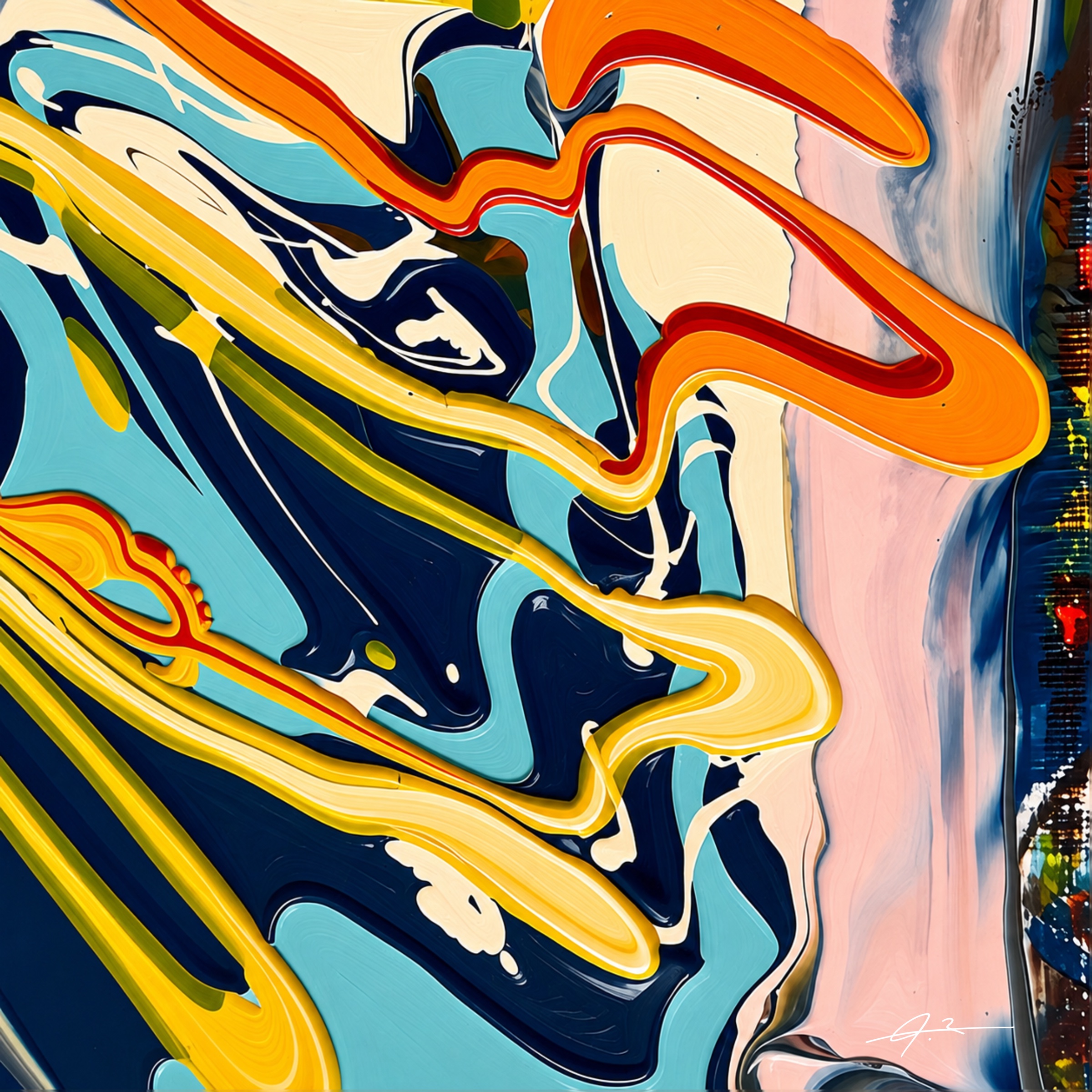 Signed turquoise, navy, orange and yellow abstract artwork by Julianna Enciu