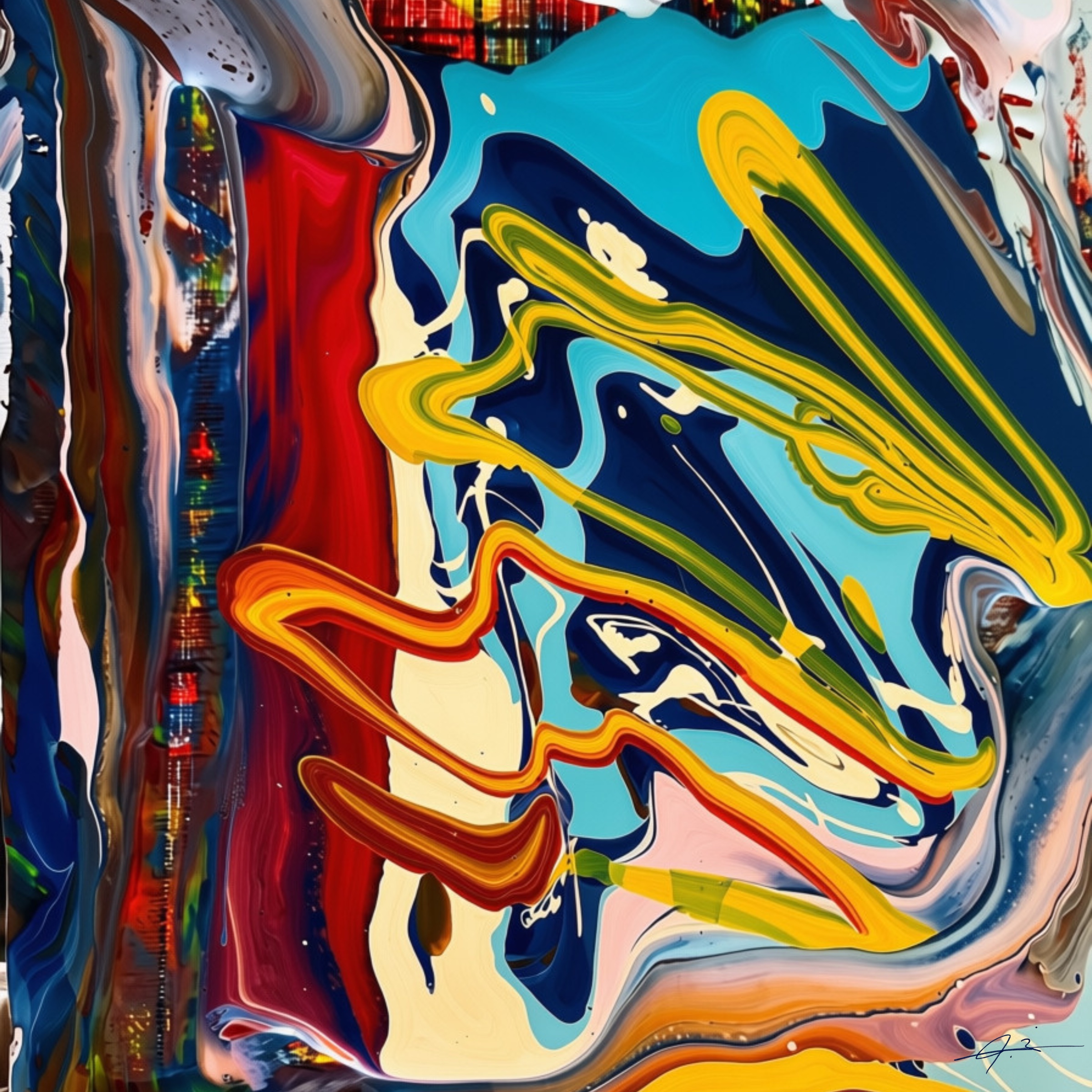 Signed abstract artwork in turquoise, cobalt, orange and yellow by Julianna Enciu