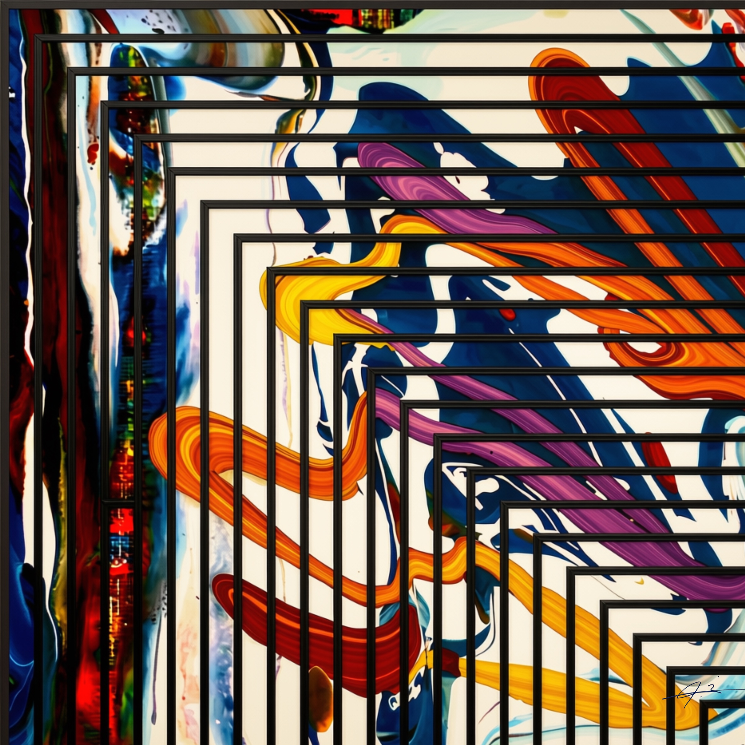 Signed layered abstract artwork with dark frames and vivid colour by Julianna Enciu