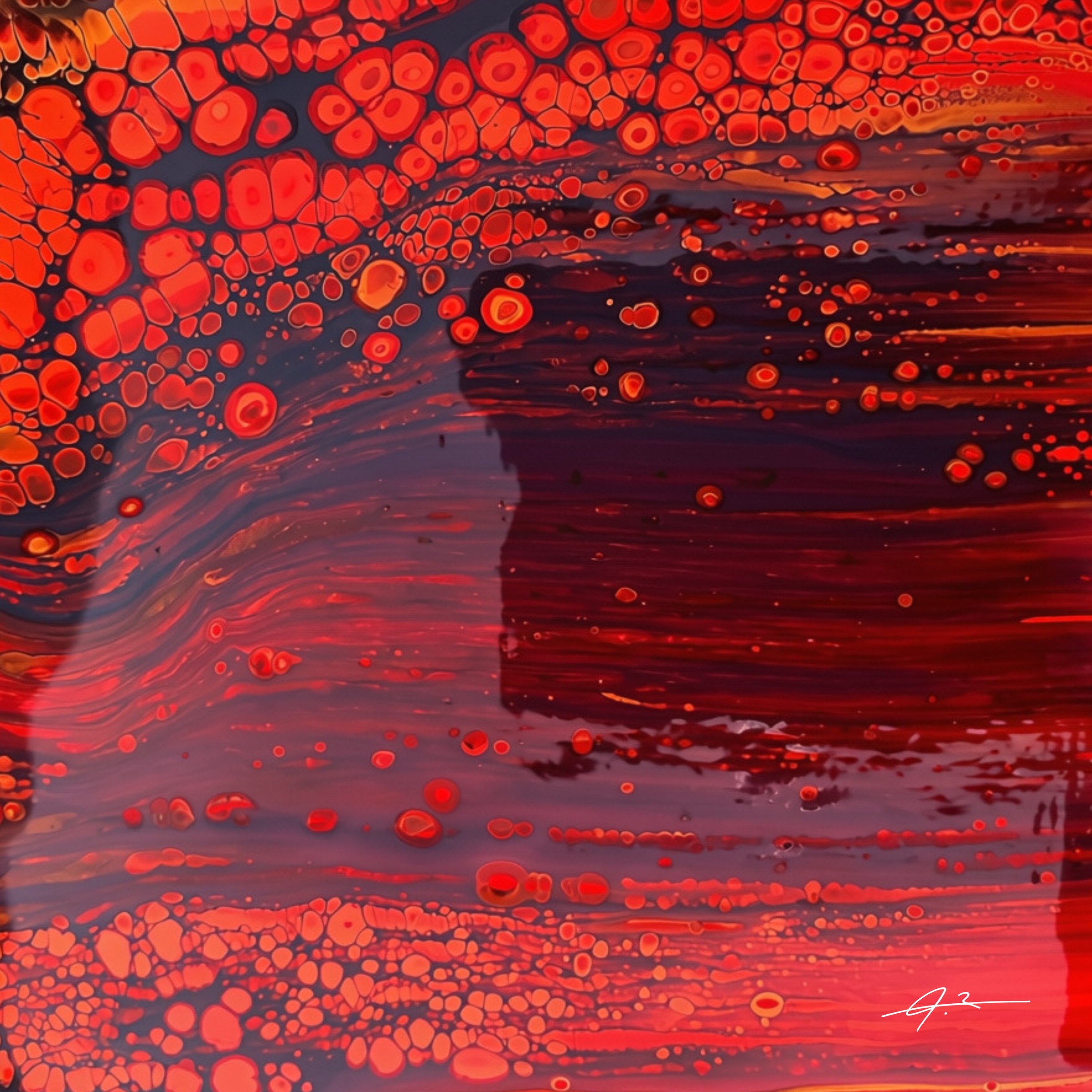 Signed red and burgundy fluid abstract artwork by Julianna Enciu