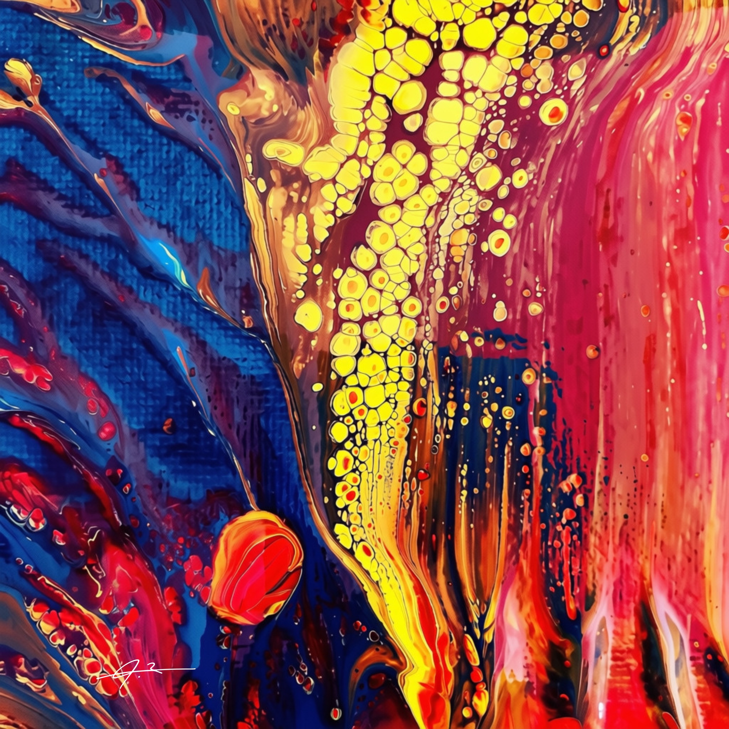 Signed vivid yellow, pink, red and cobalt abstract artwork by Julianna Enciu