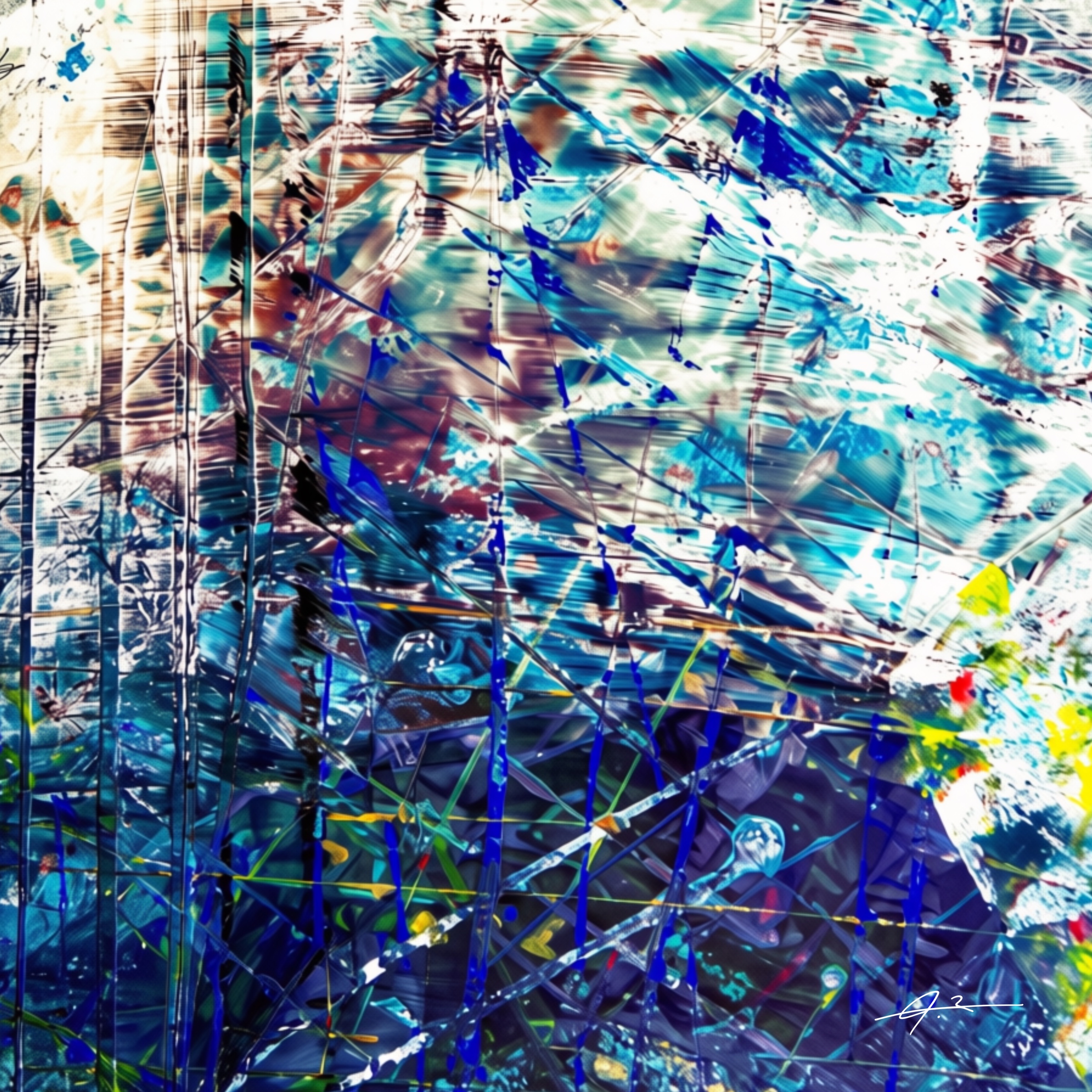 Signed icy blue layered abstract artwork by Julianna Enciu
