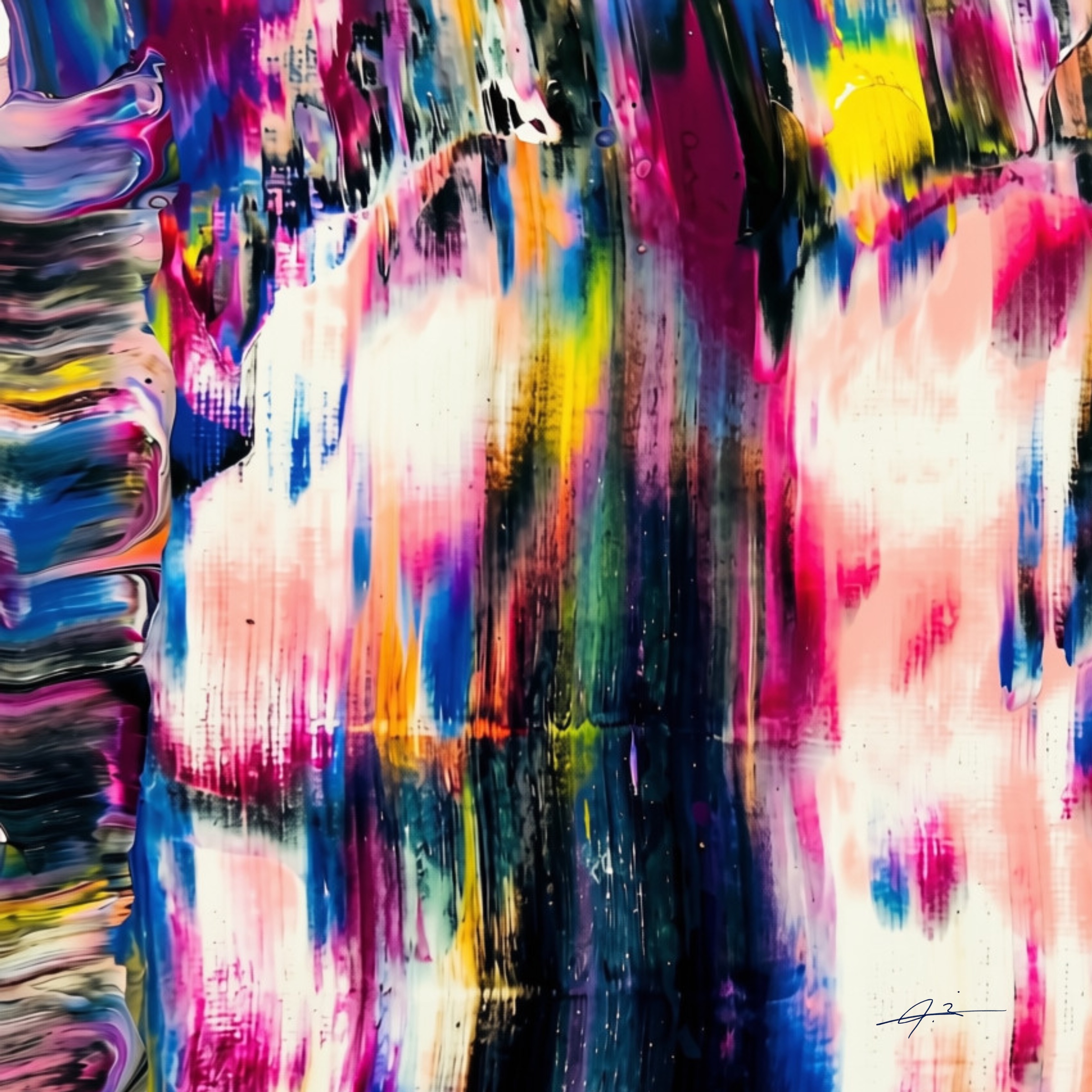 Signed pink, black and blue gestural abstract artwork by Julianna Enciu