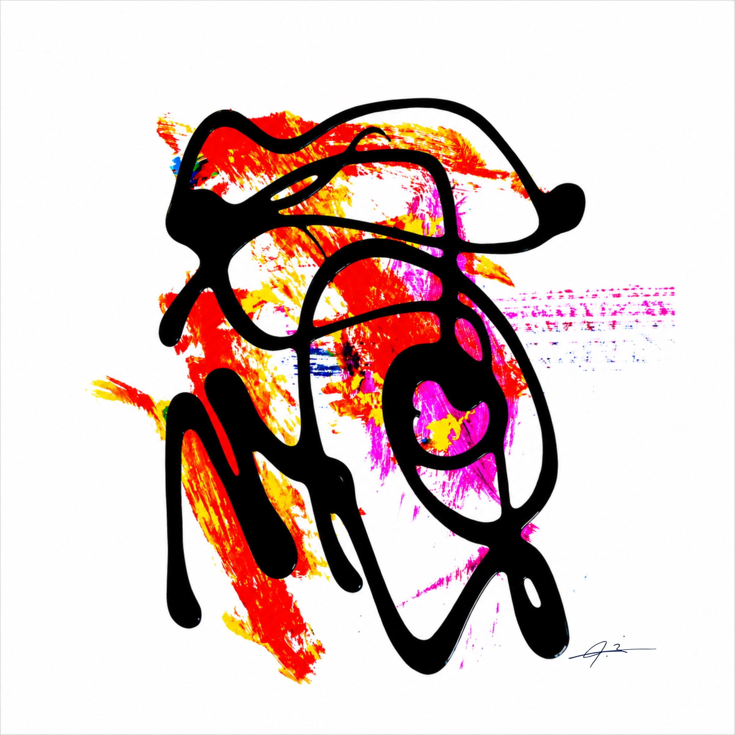 Signed red, pink, orange and black gestural artwork by Julianna Enciu