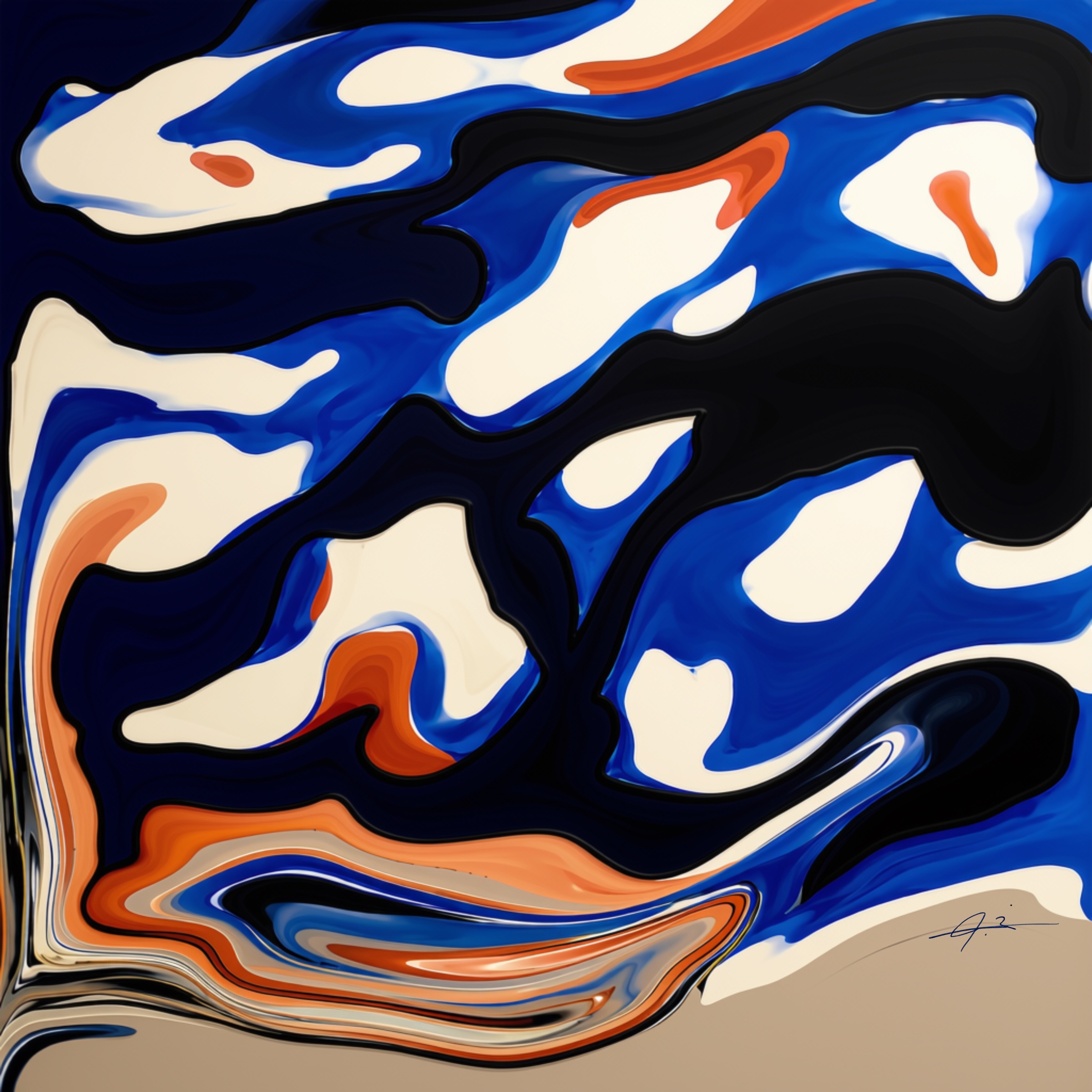 Signed cobalt, navy, cream and orange fluid abstract artwork by Julianna Enciu
